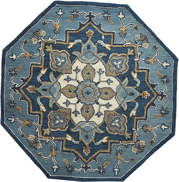7' Round Blue Traditional Medallion Area Rug
