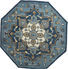7' Round Blue Traditional Medallion Area Rug