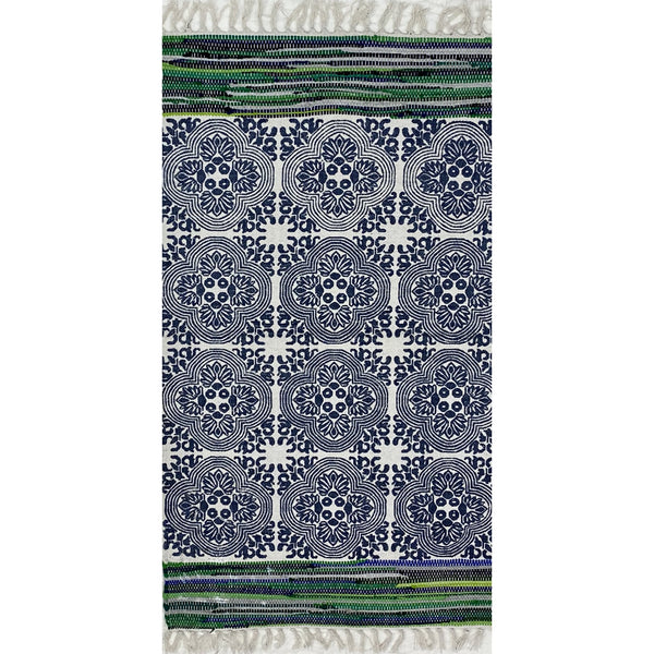 2' x 4' Blue and Green Traditional Chindi Area Rug