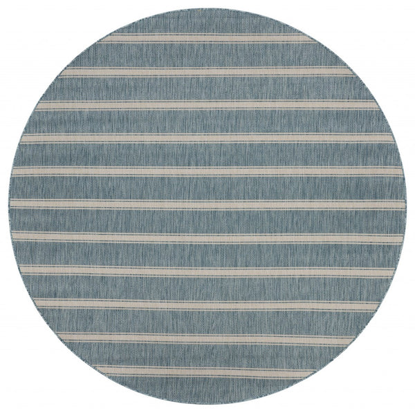 8' Round Teal Striped Indoor Outdoor Area Rug