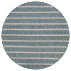 8' Round Teal Striped Indoor Outdoor Area Rug