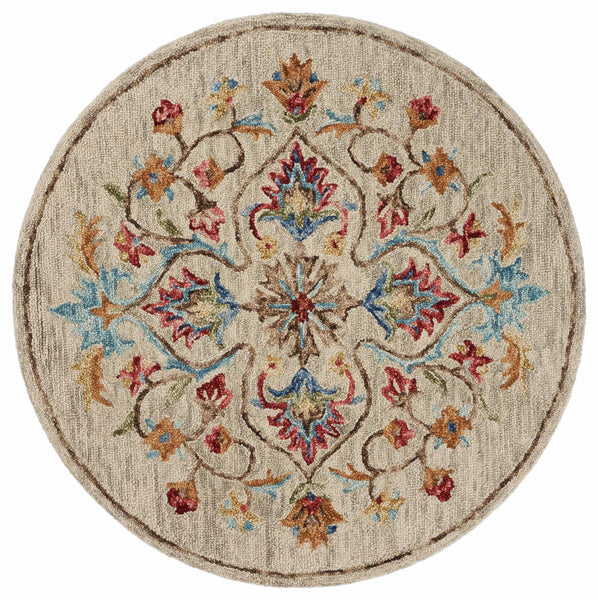6' Round Beige Floral Medallion Area Rug