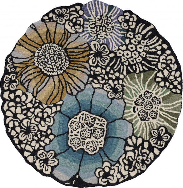 4' Round Blue and Black Floral Area Rug