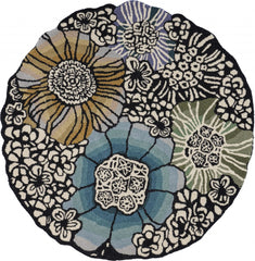 4' Round Blue and Black Floral Area Rug