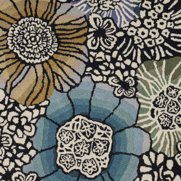 4' Round Blue and Black Floral Area Rug