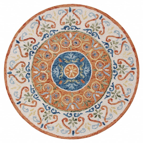 6' Round Orange Traditional Medallion Area Rug