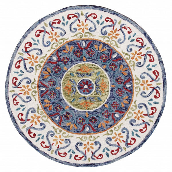 6' Round Blue and White Ornate Medallion Area Rug