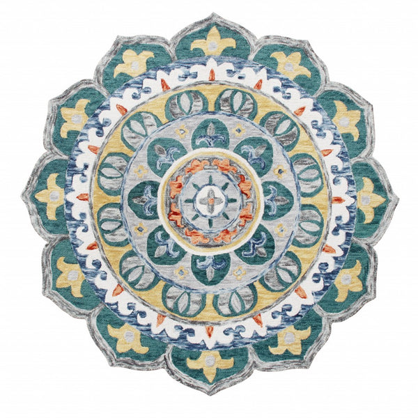 6' Round Teal Floral Mandala Area Rug