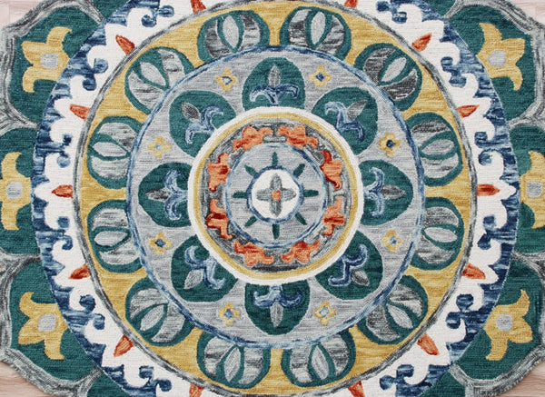 6' Round Teal Floral Mandala Area Rug