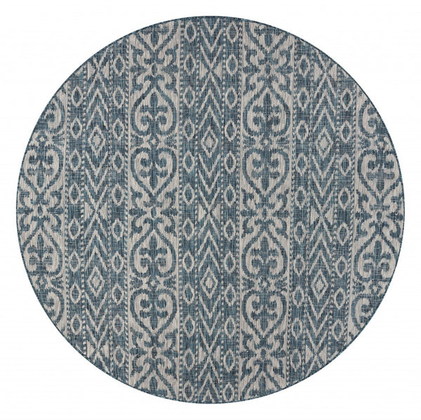8' Round Blue Geometric Indoor Outdoor Area Rug
