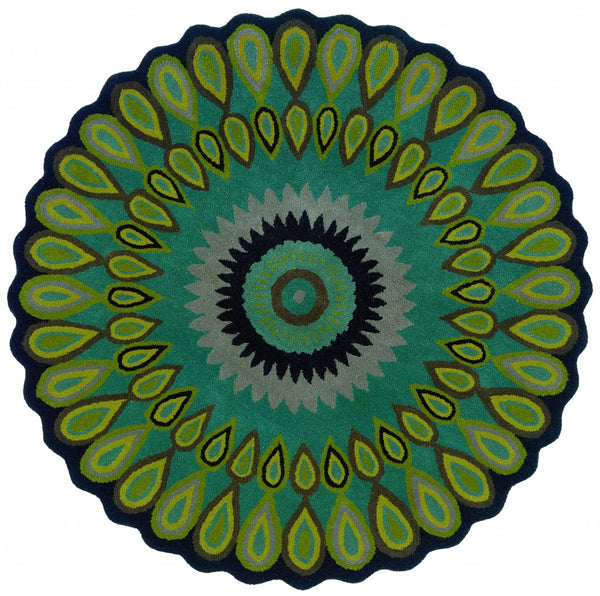8' Round Green Peacock Feather Area Rug