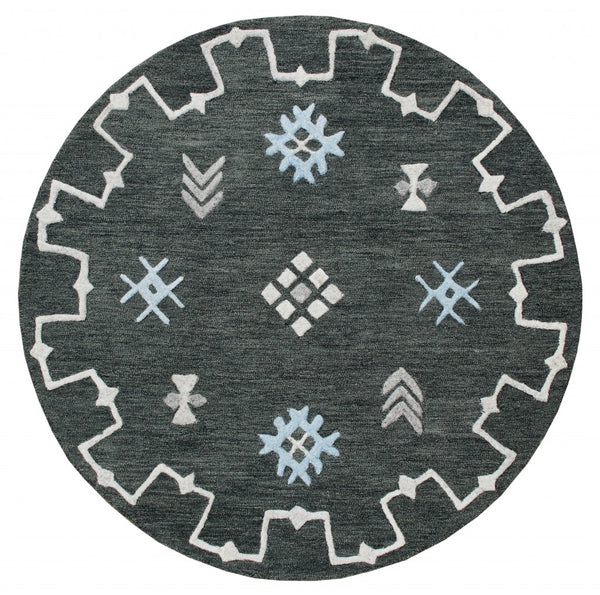 7' Round Charcoal Geometric Border Area Rug