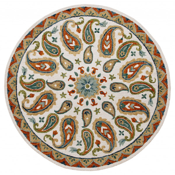 5' Round Orange and White Paisley Area Rug