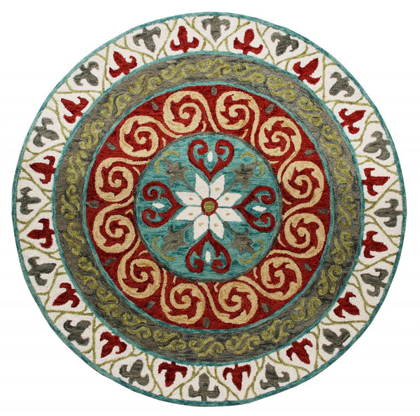 7' Round Red and Sage Medallion Area Rug