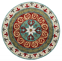 7' Round Red and Sage Medallion Area Rug