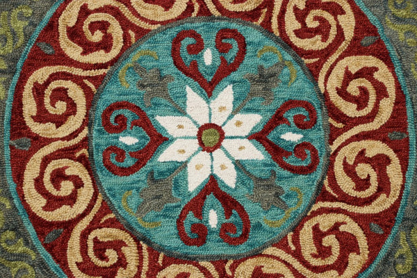 7' Round Red and Sage Medallion Area Rug
