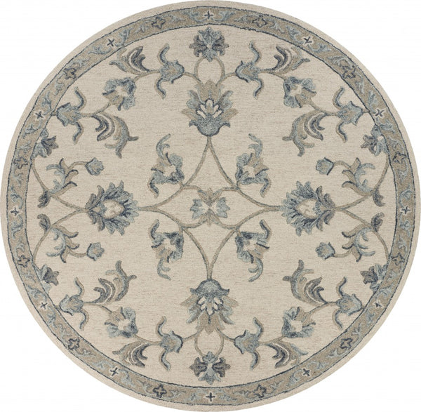 5' Round Beige and Blue Filigree Area Rug