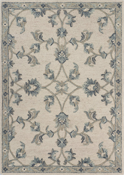 7' x 9' Beige and Blue Filigree Area Rug