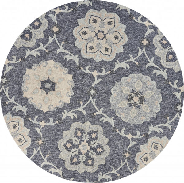 7' Round Gray Floral Trellis Area Rug