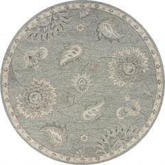 7' Round Light Gray Floral Area Rug