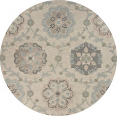 7' Round Ivory Intricate Floral Area Rug