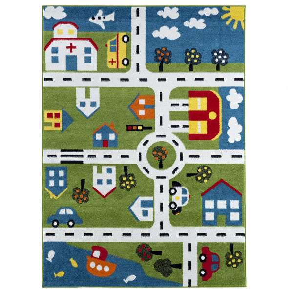 4' x 6' Green Imaginative Town Area Rug