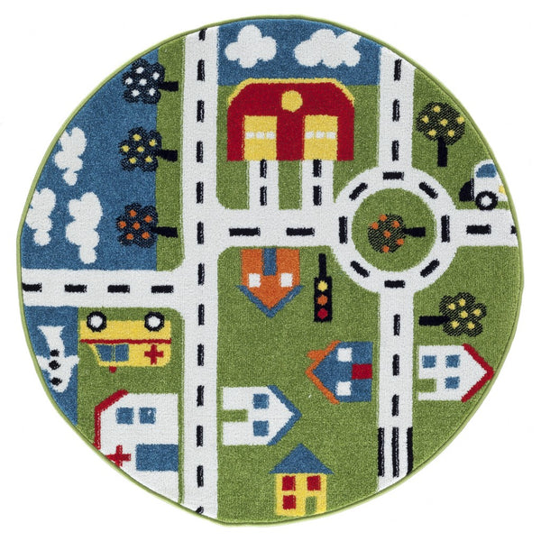 5' Round Green Imaginative Town Area Rug