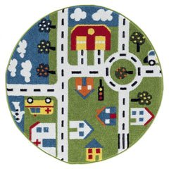 5' Round Green Imaginative Town Area Rug