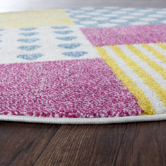 5' Round Blue Yellow Pink Blocks Area Rug