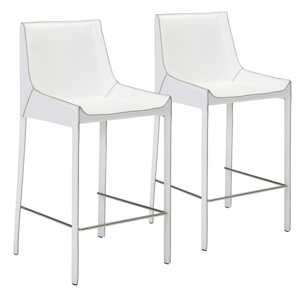 Set of Two White Leather Bar Chairs