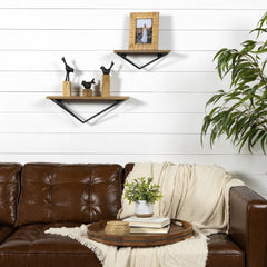 Set of Two Geometric Wood and Metal Wall Shelves