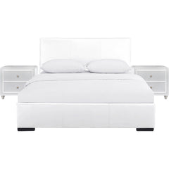 White Upholstered Platform King Bed with Two Nightstands