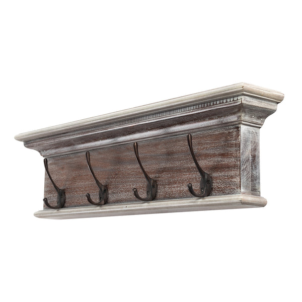 Rustic Natural Wash Wood Four Hook Hanging Coat Rack