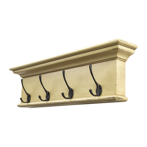 Rustic Antiqued Yellow Wood Four Hook Hanging Coat Rack