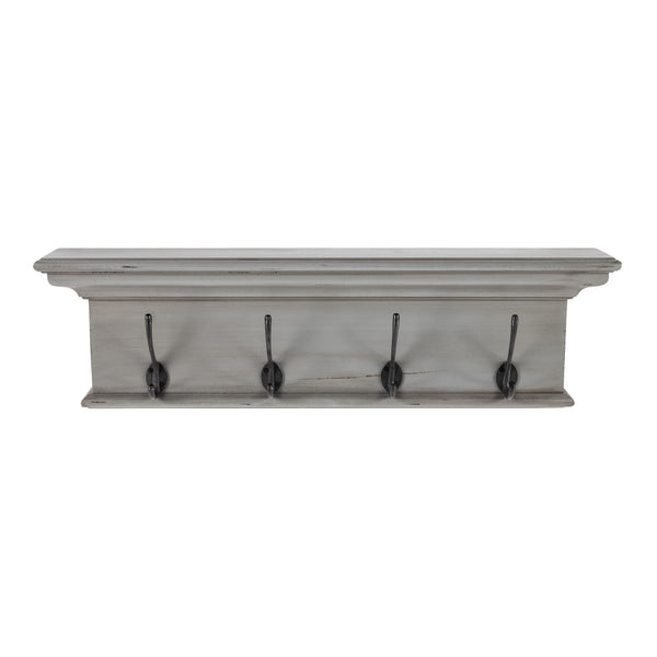 Rustic Antiqued Gray Wood Four Hook Hanging Coat Rack