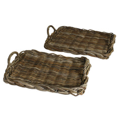 Set of Two Gray and Brown Rattan Trays