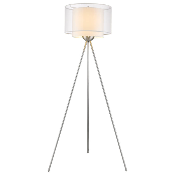 Brella 1-Light Brushed Nickel Tripod Floor Lamp With Sheer Snow Shantung Two Tier Shade