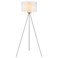 Brella 1-Light Brushed Nickel Tripod Floor Lamp With Sheer Snow Shantung Two Tier Shade