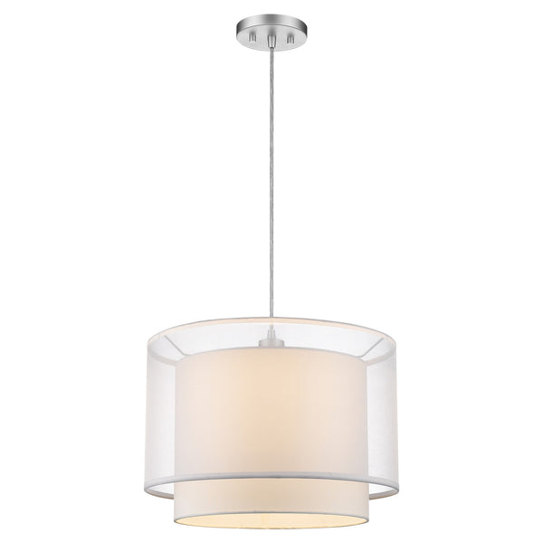 Brella 1-Light Metallic Silver Pendant With Sheer Snow Shantung Two Tier Shade
