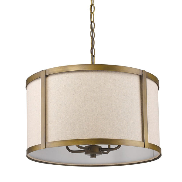Jessica 4-Light Raw Brass Drum Pendant With Metal Rimmed Fabric Shade