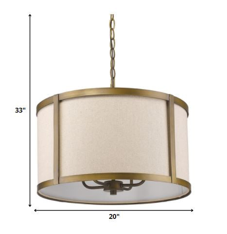 Jessica 4-Light Raw Brass Drum Pendant With Metal Rimmed Fabric Shade