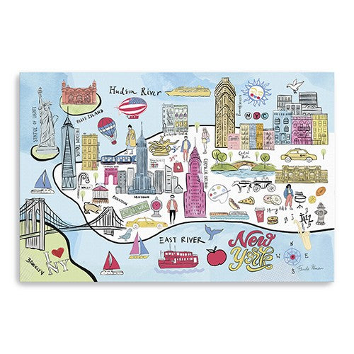 36" Fun Illustrated NYC Map Canvas Wall Art