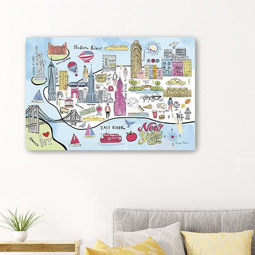 48" Fun Illustrated NYC Map Canvas Wall Art