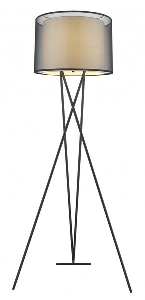 Trition 1-Light Matte Black Tripod Floor Lamp With Smoke Gray Shantung Double Shade