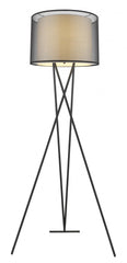 Trition 1-Light Matte Black Tripod Floor Lamp With Smoke Gray Shantung Double Shade