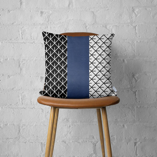 Navy Blue Mesh Faux Leather Throw Pillow