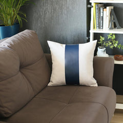 White and Navy Strap Faux Leather Throw Pillow