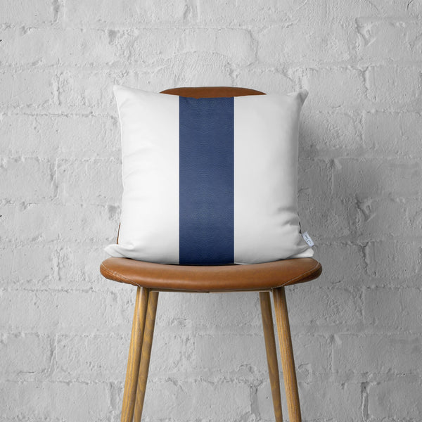 White and Navy Strap Faux Leather Throw Pillow
