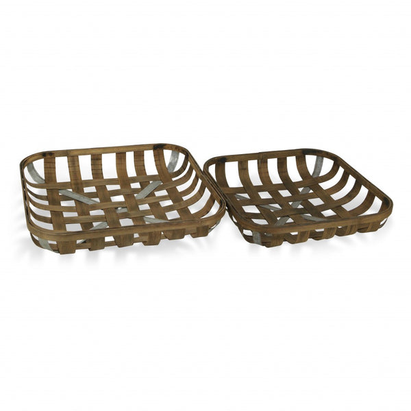 Set of Two Wood and Metal Lattice Weave Baskets