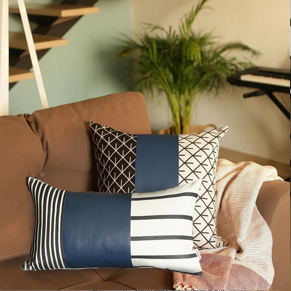 Set of 2 Navy Geometric Faux Leather Throw Pillows